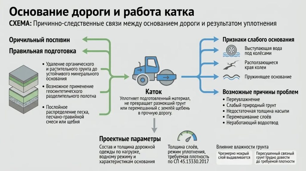 Основание дороги и работа катка